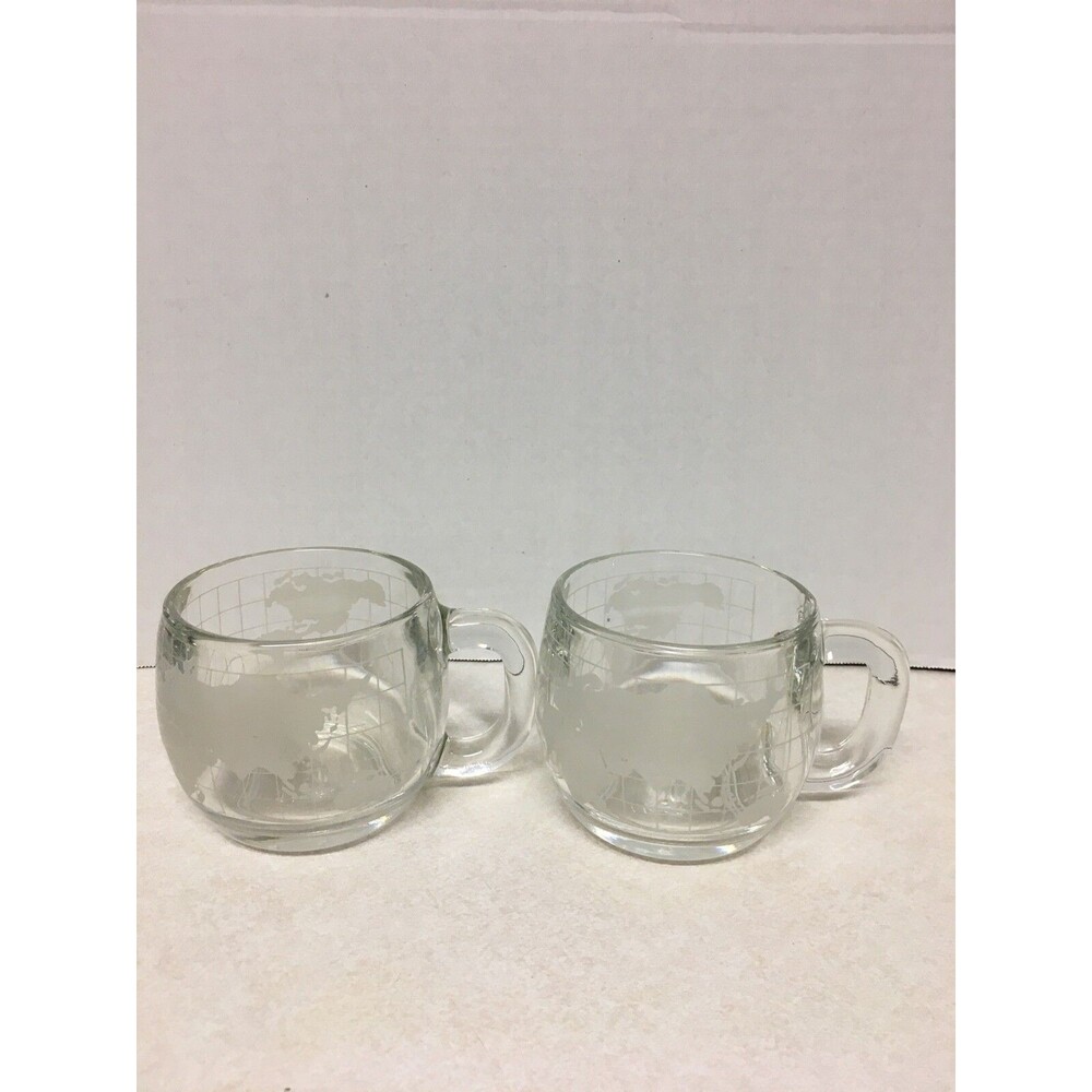 2 Vintage Nestle Nescafe Clear Glass Globe World Coffee Mugs/ Cups 8oz